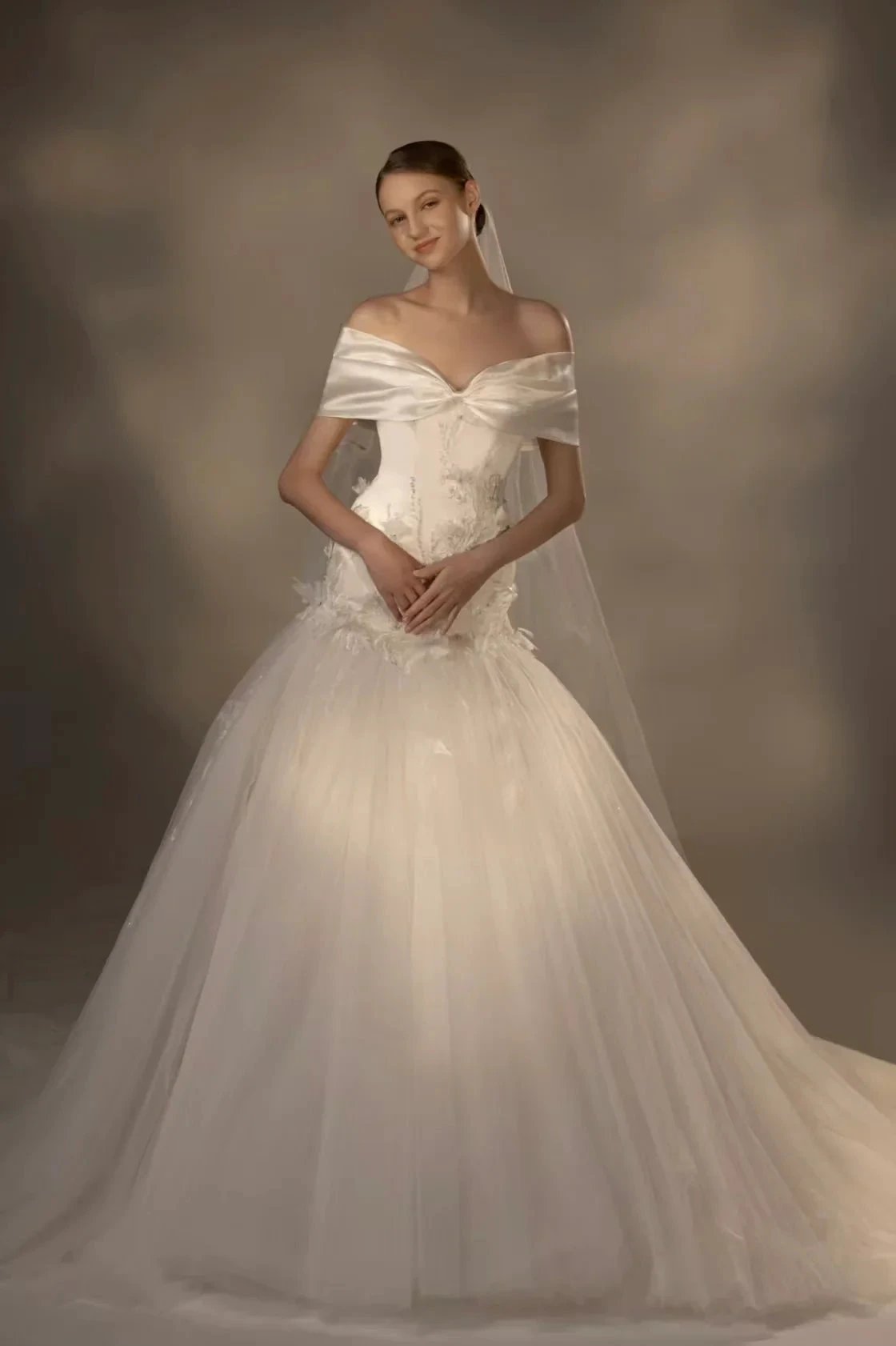 Gorgeous Long Ball Gown Off-the-Shoulder Satin & Tulle Wedding Dress with 3D Embroidery & Cathedral Train (ZD16909)