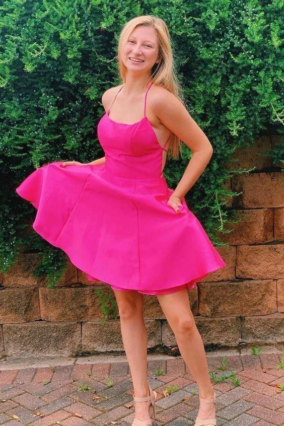 Princess A Line Hot Pink Straps Short Homecoming Dresses With Pockets (ZD12620)