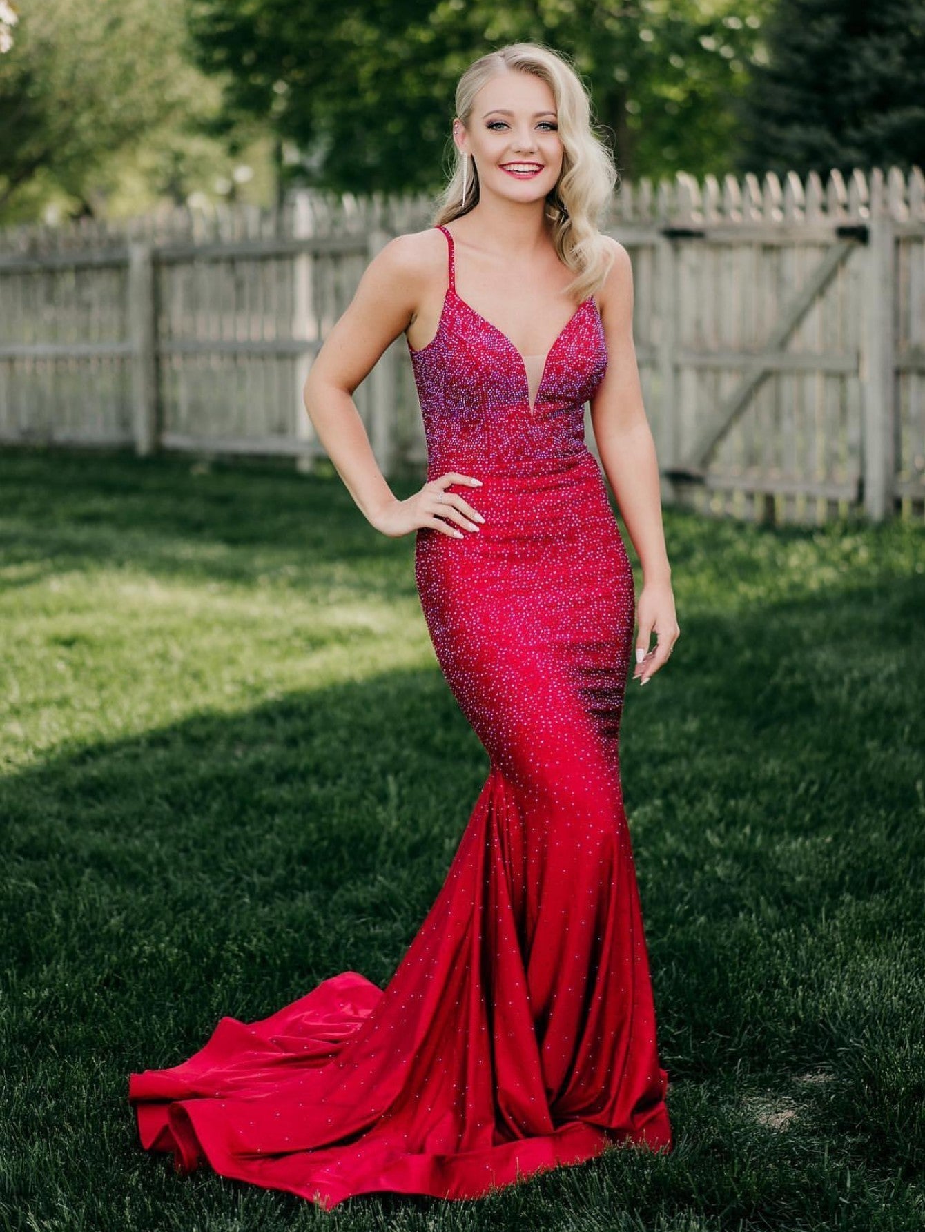 V Neck Glitter Mermaid Red Backless Prom Dress - Fashionpara