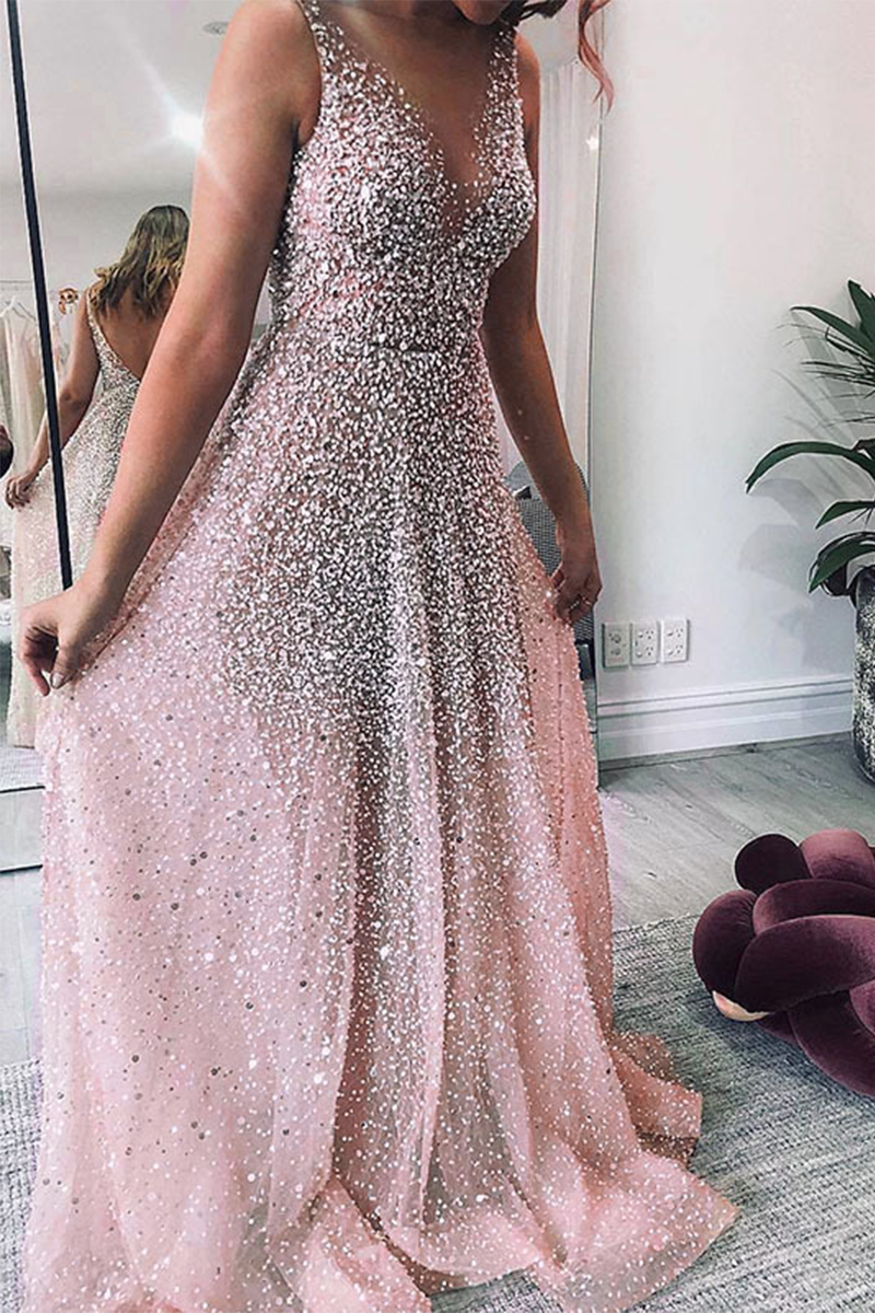 Sexy Gradient Sequined V Neck Evening Dresses - View 3 | VelvetHem