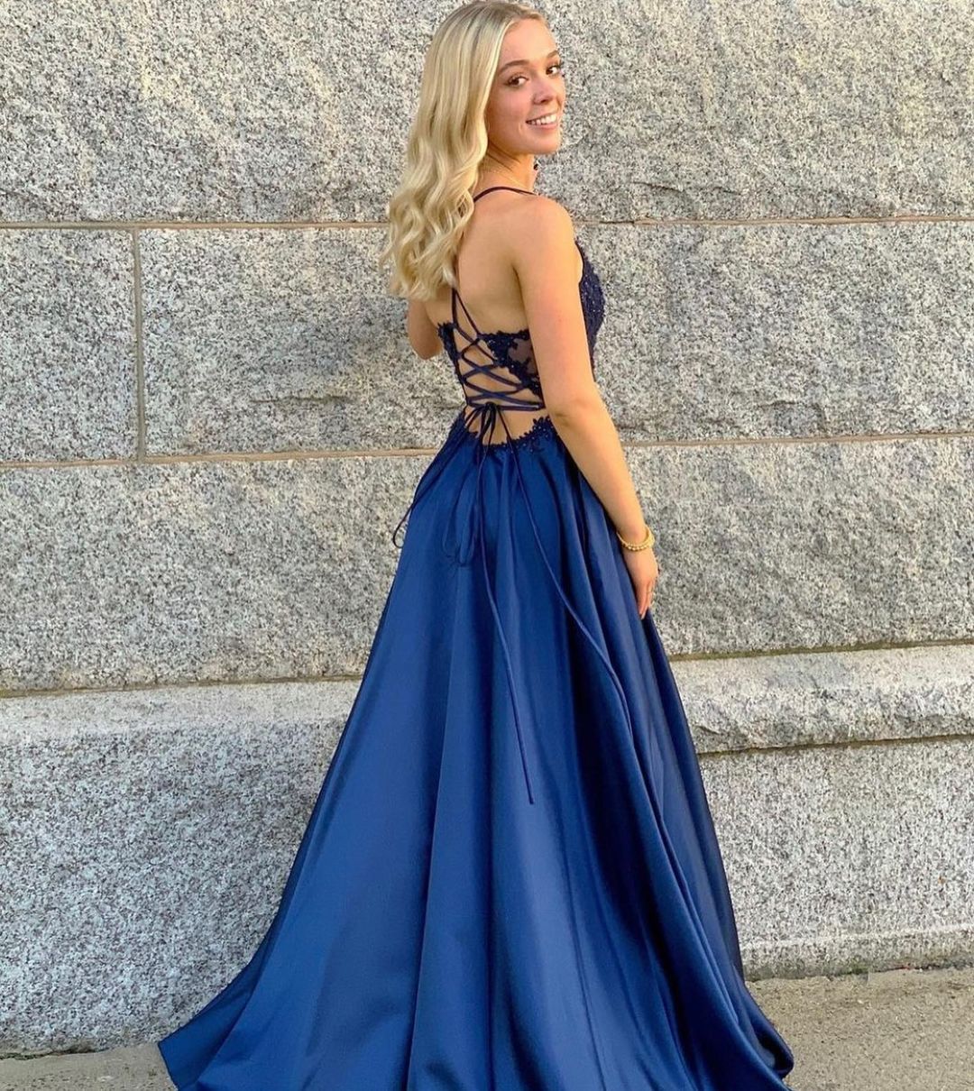 Spaghetti-Straps Slit Prom Dress Long With Lace Appliques - View 3 | VelvetHem