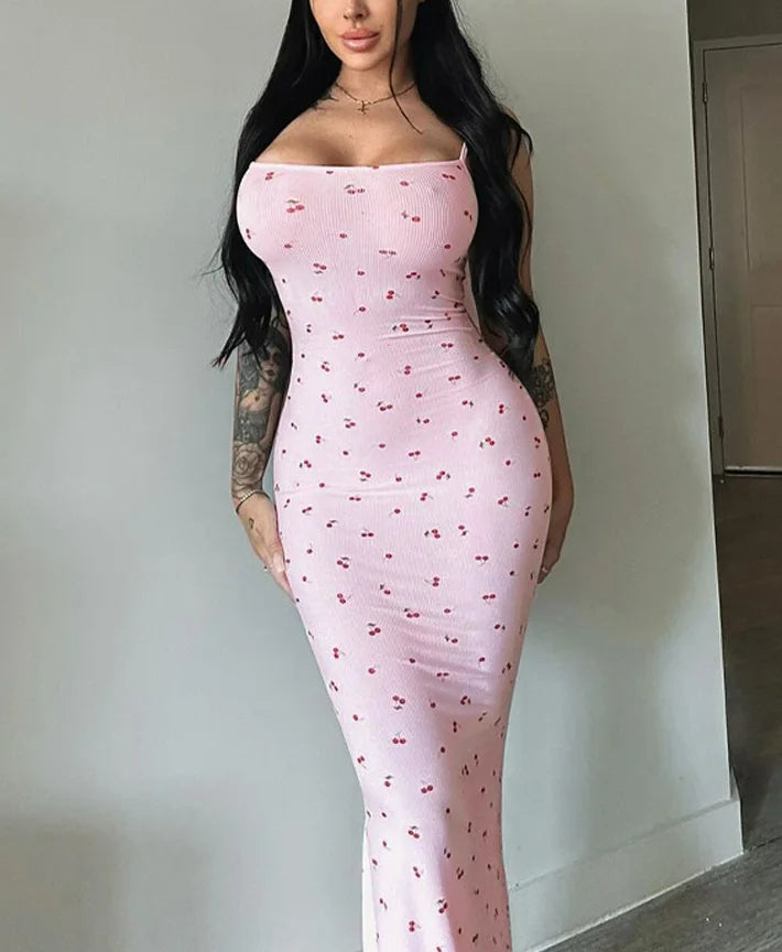 Ribbed Cherry Bodycon Maxi Floral Dress - VelvetHem