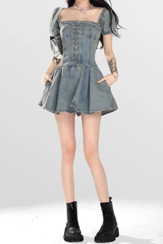 Lace Up Strapless Denim Dress - VelvetHem