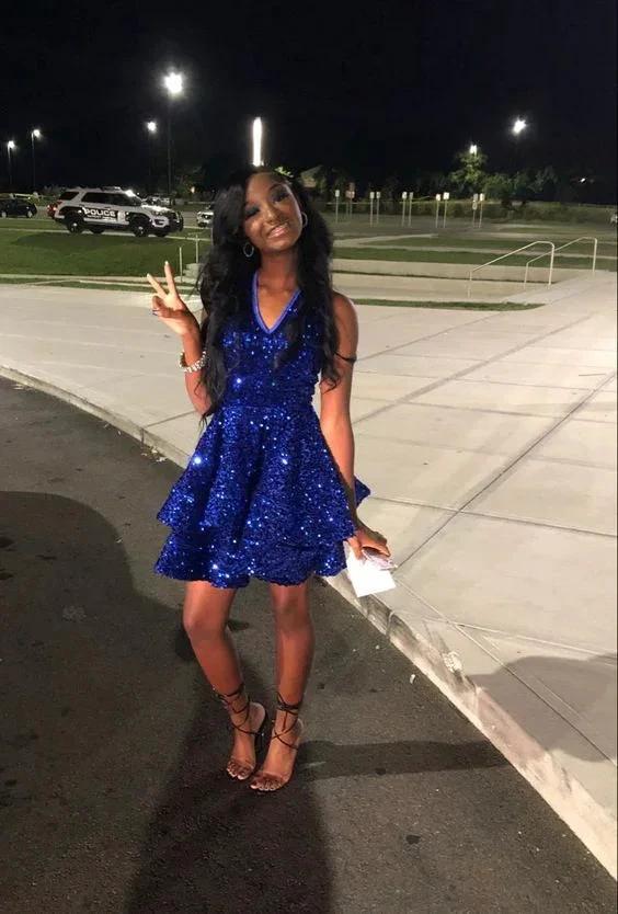 Royal Blue Sequins A-line Graduation Dress Royal Blue Short Homecoming Dress Royal Blue Party Dress Y1850 by simplepromdress
