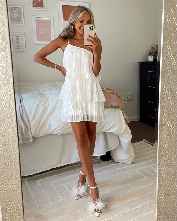 White Pleated One-Shoulder Graduation Dress White Short Homecoming Dress - FashionDia
