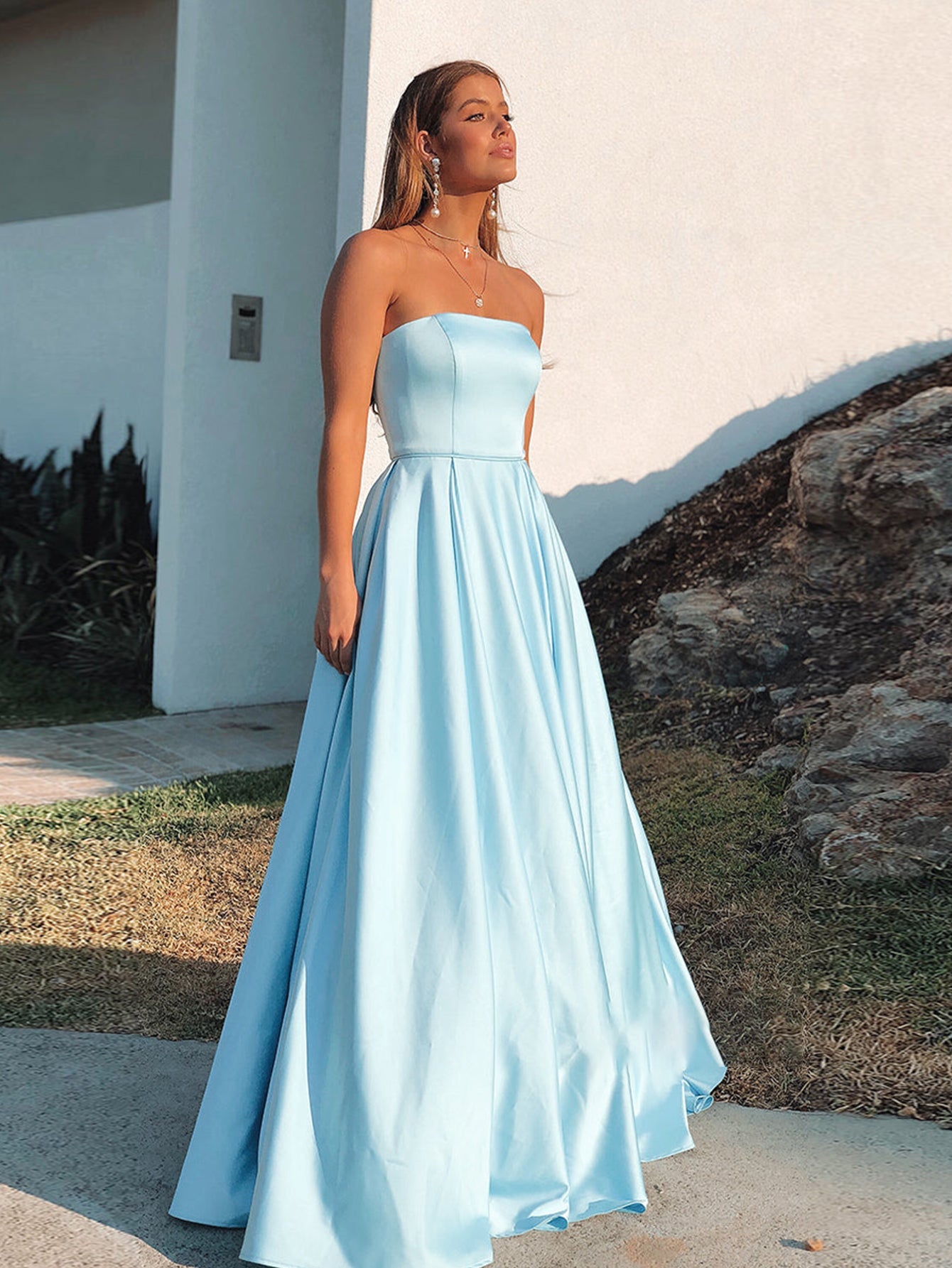 Sky Blue Strapless Tight Long Prom Dress - Fashionpara