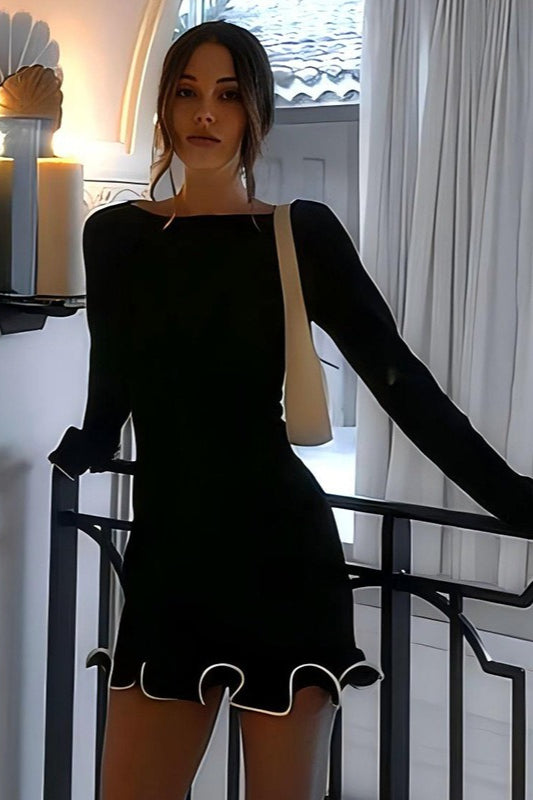 Cuffed Sleeve Solid Knit Mini Sweater Dress - View 2 | VelvetHem
