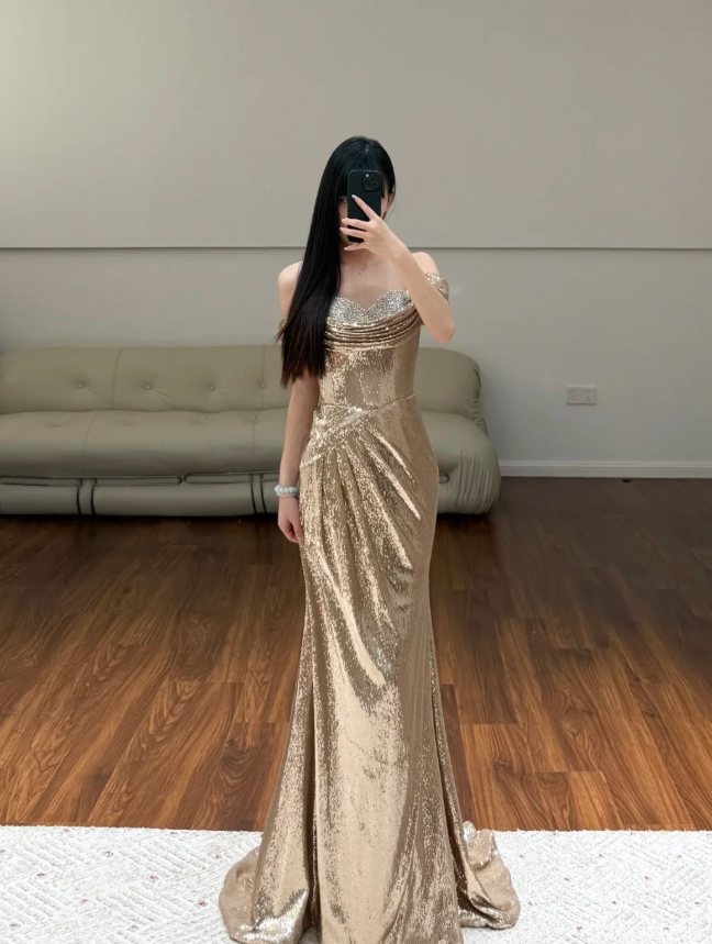 Off The Shoulder Champane Prom Party Dress Birthday Dress Evening Dress