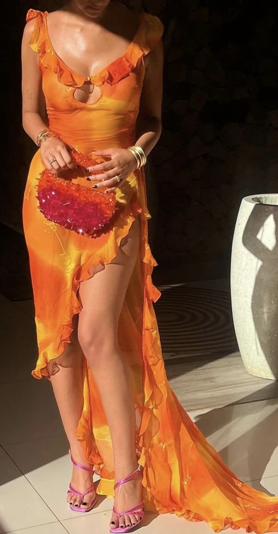 Elegant Chiffon Ruffles Slit Long Prom Dress Party Dress