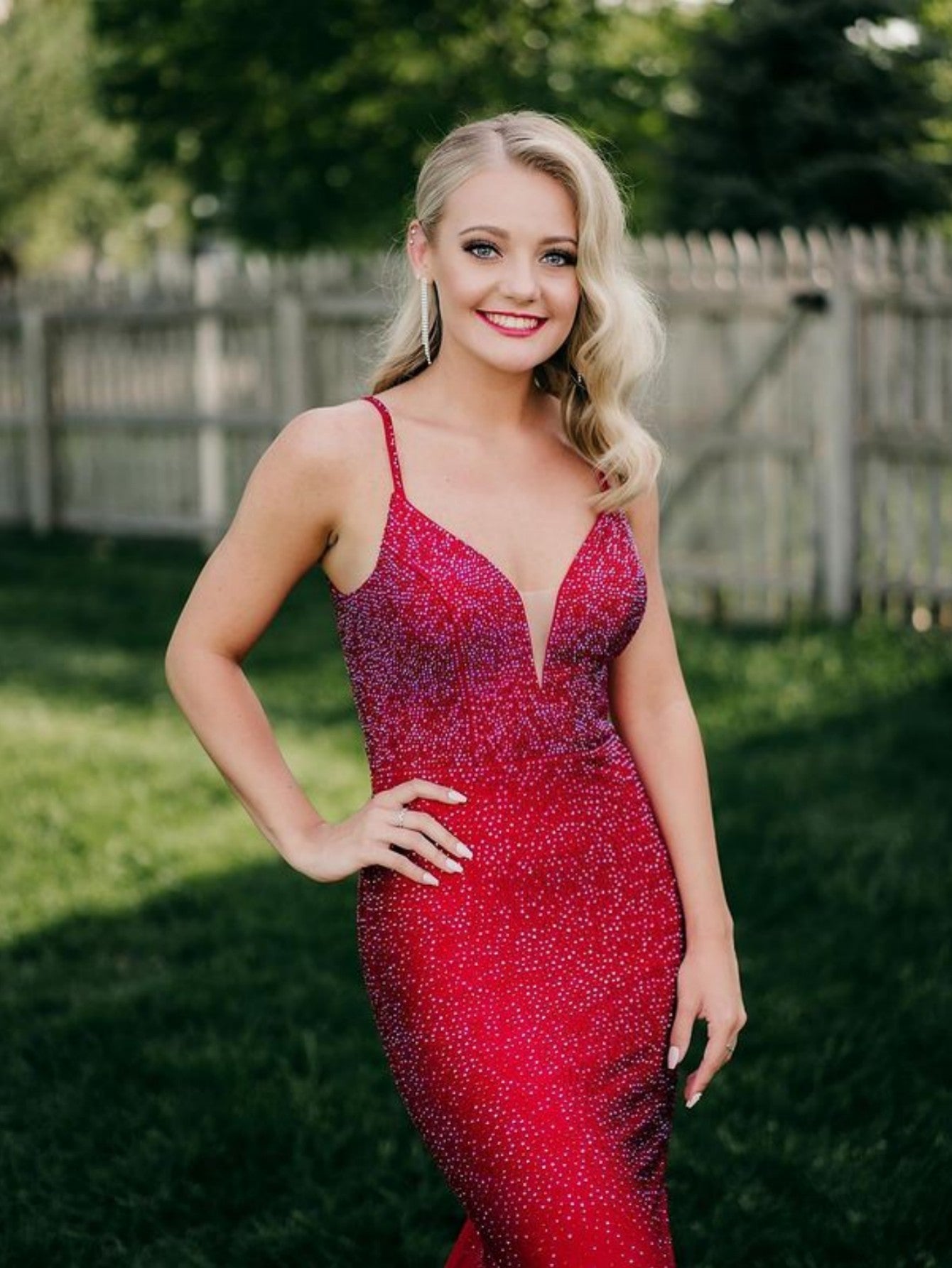 V Neck Glitter Mermaid Red Backless Prom Dress - Fashionpara