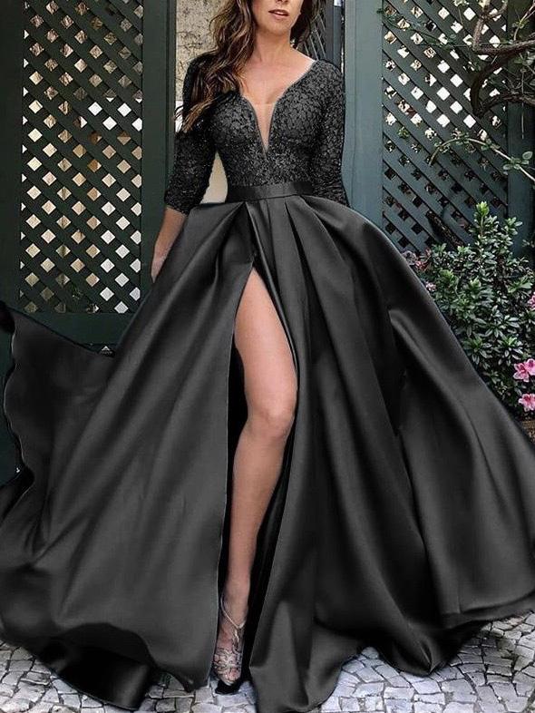 Women's Dresses Bronzing V-Neck Banquet Slit Evening Dress - View 2 | VelvetHem