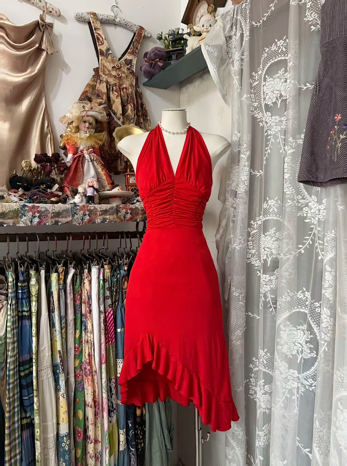 Halter Red Ruffle Homecoming Dress Formal Prom Dress