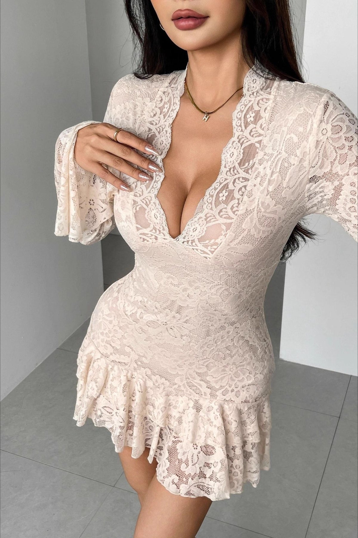 V Neck Ruffled Lace Dress - View 2 | VelvetHem