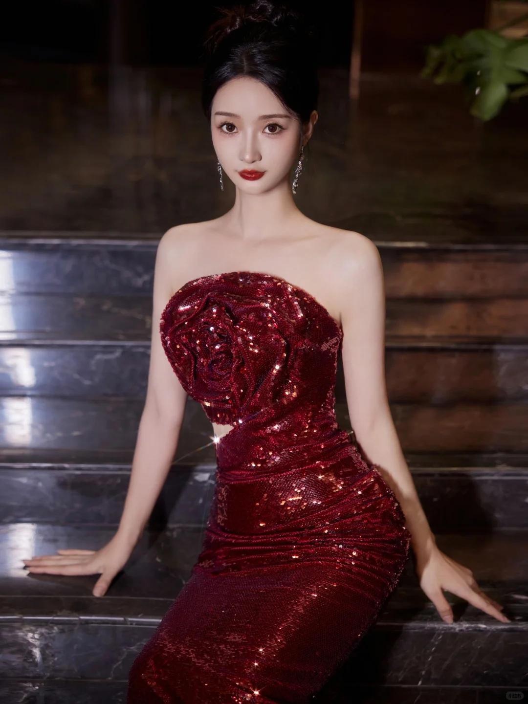 Burgundy Strapless Sequin Rose Flowers Prom Dress Mermaid Long Evening Dress Y8595 - View 6 | VelvetHem