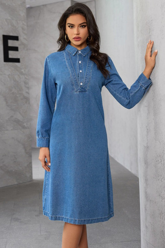 Vintage Collar Midi Denim Dress - View 5 | VelvetHem
