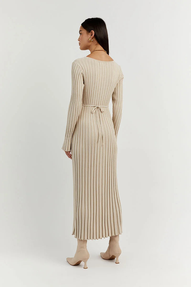 Luisa Elevated Knitted Midi Dress with V Neck and Sleeves Boutique Collection