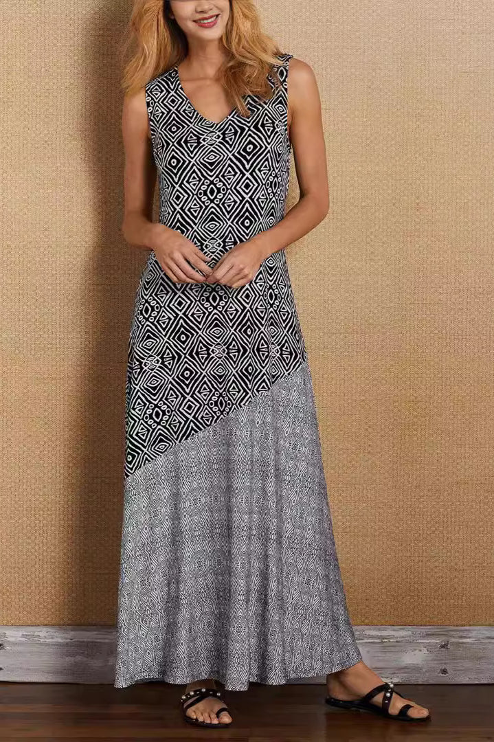 Printed Splicing Boho Dress with Relaxed Fit and Streetwear Style