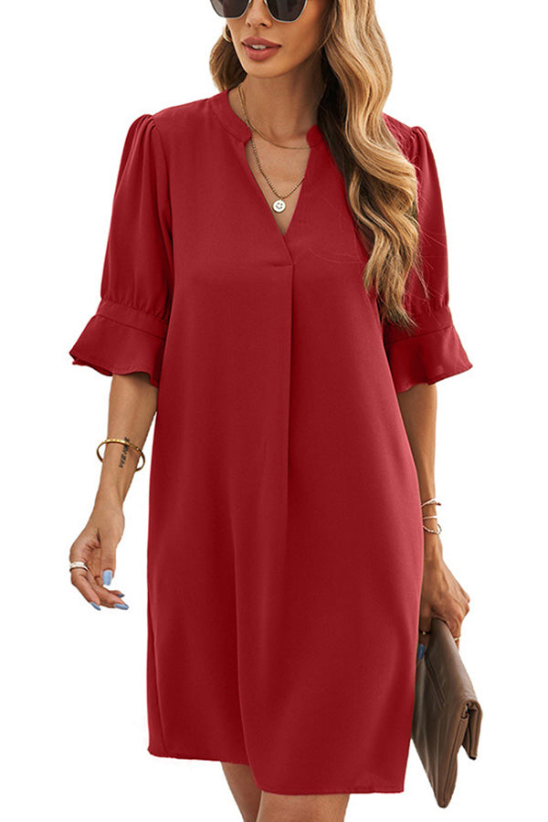 Solid Color Loose Casual V Neck Short Sleeve Knee Length Dress