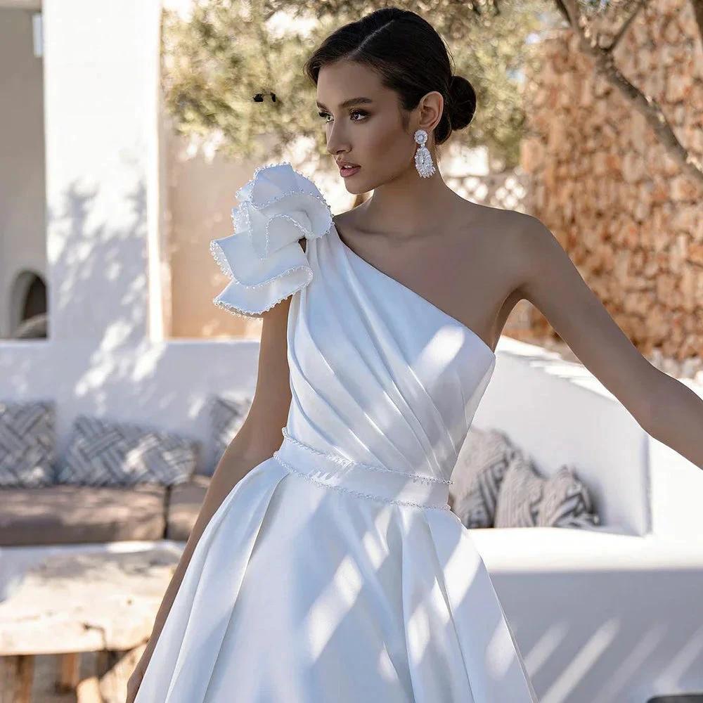 Elegant A-Line One Shoulder Stain Wedding Dress Beading Sleeveless Bridal Gowns For Women Custom Made Vestido De Novia (ZD13410)