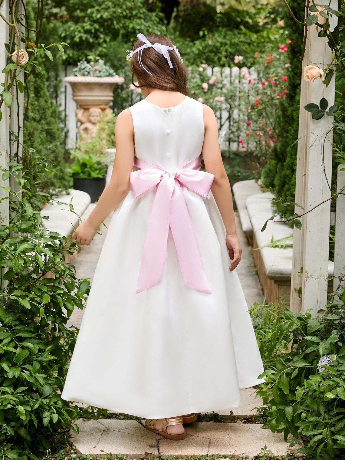 Ivory Satin Flower Girl Ball Gown with Sash Bow | Ankle-Length Tulle Dress (010007314) - View 6 | VelvetHem