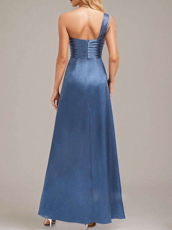 Slate Blue A-Line One Shoulder Floor-Length Satin Bridesmaid Dress With Ruffle