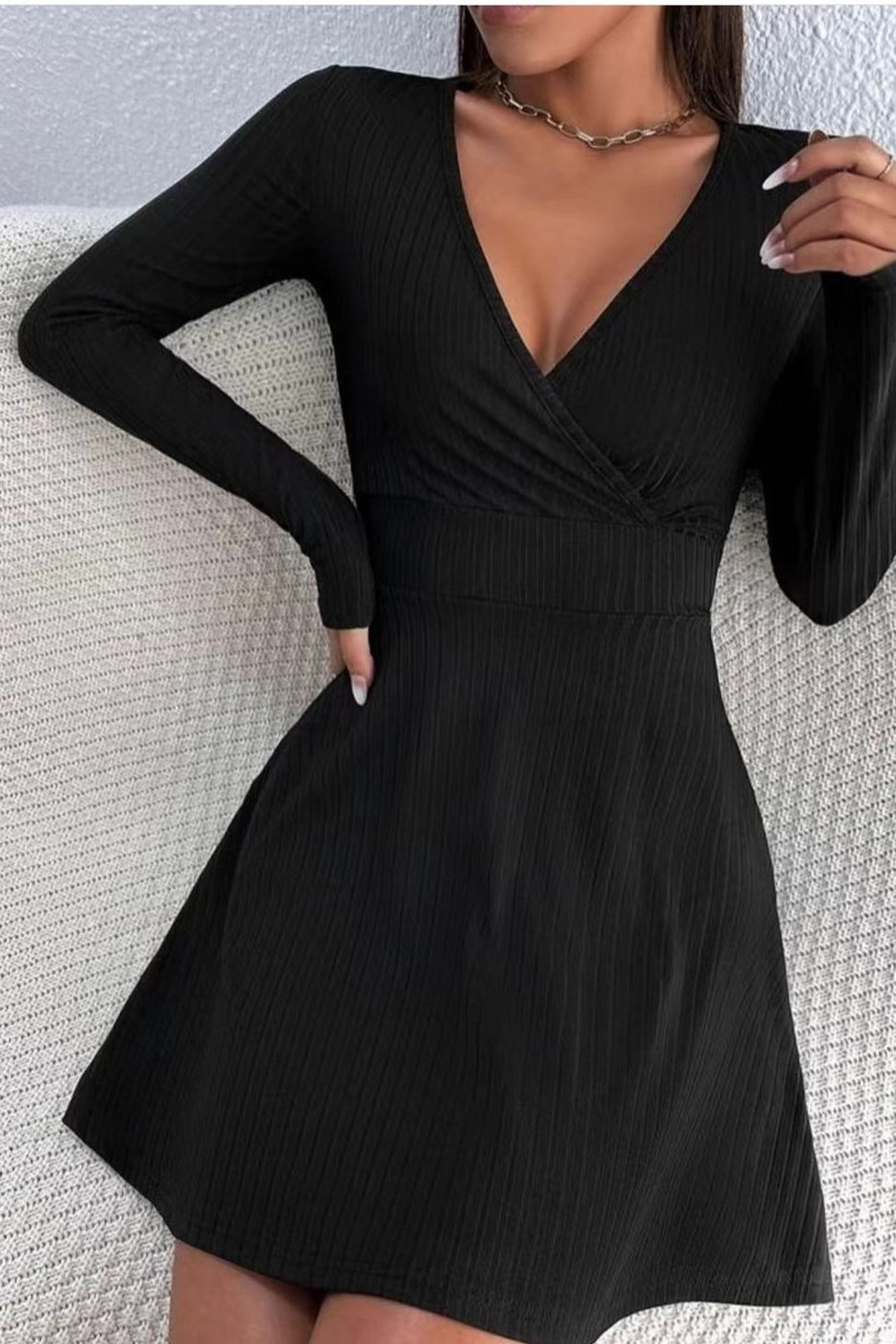 Knit V Neck Waist Cinched A Line Long Sleeve Sweater Dress - View 4 | VelvetHem
