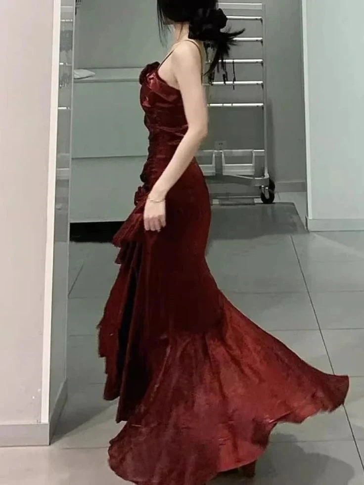 Elegant Mermaid Ruffles Spaghetti Straps Prom Dress With Flower,Formal Party Evening Dress - View 5 | FashionDia