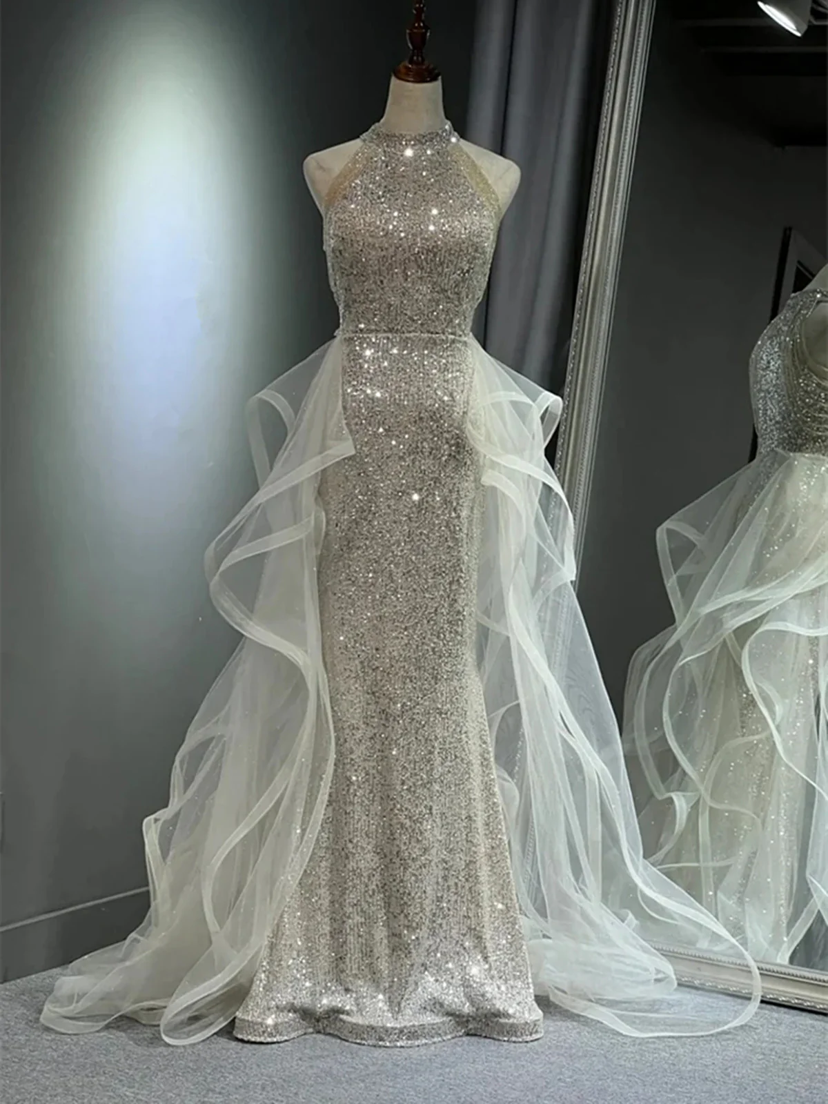 Chic White Tulle and Sequins Long Prom Dress, Halter A-line Party Dress Evening Dress