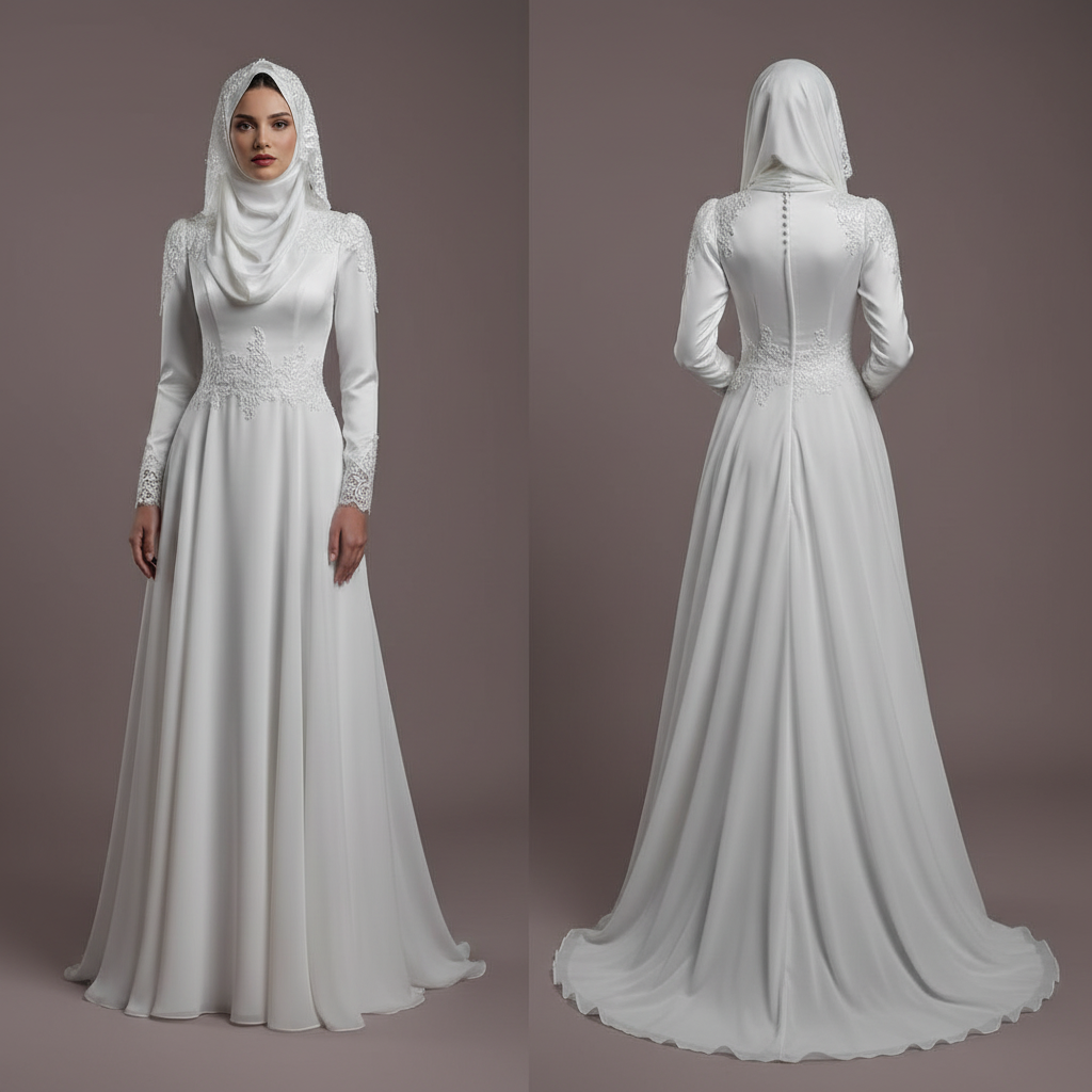 Elegant Arabic Dubai Muslim Bridal Dress with Flower Appliques and Tulle Skirt