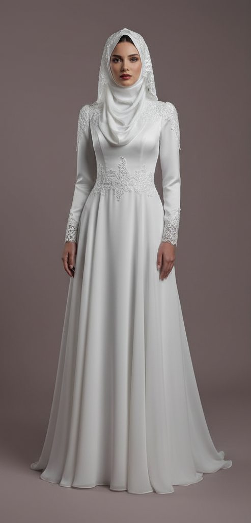 Elegant Arabic Dubai Muslim Bridal Dress with Flower Appliques and Tulle Skirt WHITE