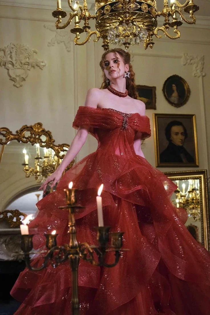 Fairy Off-Shoulder A-Line Red Evening Dress, Sparkling Dress Ball Gown Wedding Dress (ZD13724)
