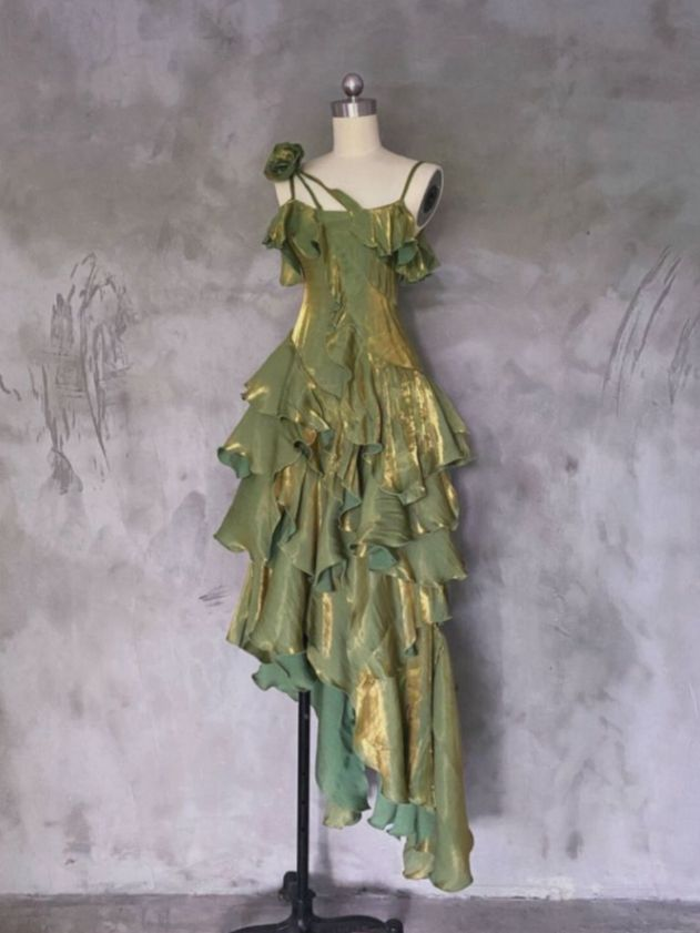 Vintage Green Asymmetrical Layered Flounce Spaghetti Strap Prom Dress Evening Gown
