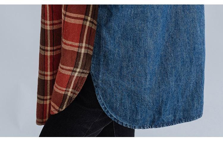 long sleeve plus size cotton denim vintage plaid women casual loose midi autumn shirt dress