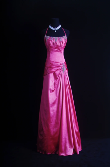 Halter Hot Pink A-Line Long Prom Dress Applique Evening Dress