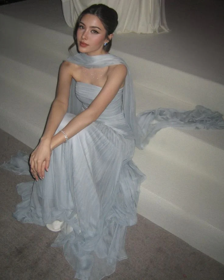 Strapless A-Line Blue Long Prom Dress Wedding Guest Dress Evening Dress