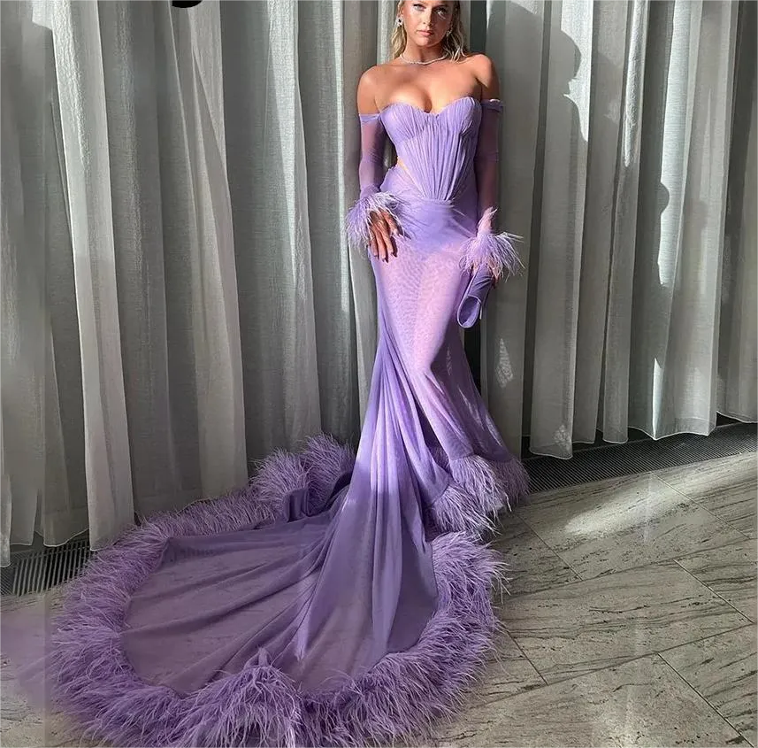 Noble Lavender Mermaid Prom Dress Chiffon Off The Shoulder Feather Floor Length Evening Dress vestido de gala