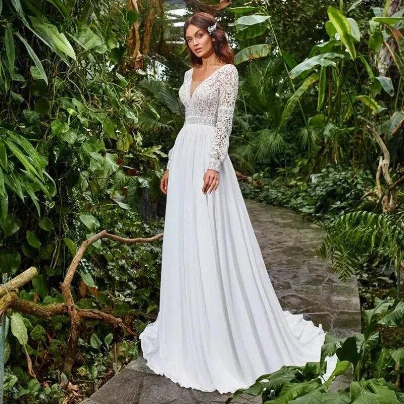 Bohemian Sweetheart Wedding Dresses A-Line Long Sleeve White Lace Applique Chiffon Backless Bridal Gown Train Vestidos De Novia by payinti
