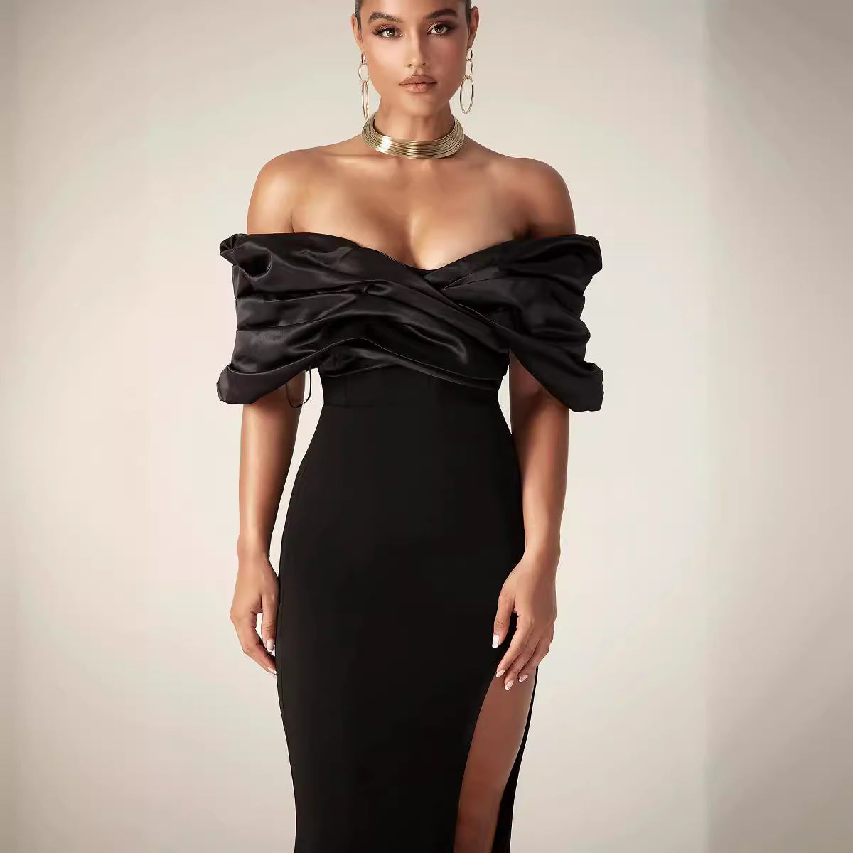 Off-Shoulder Ruched Slit Prom Dress - View 2 | VelvetHem