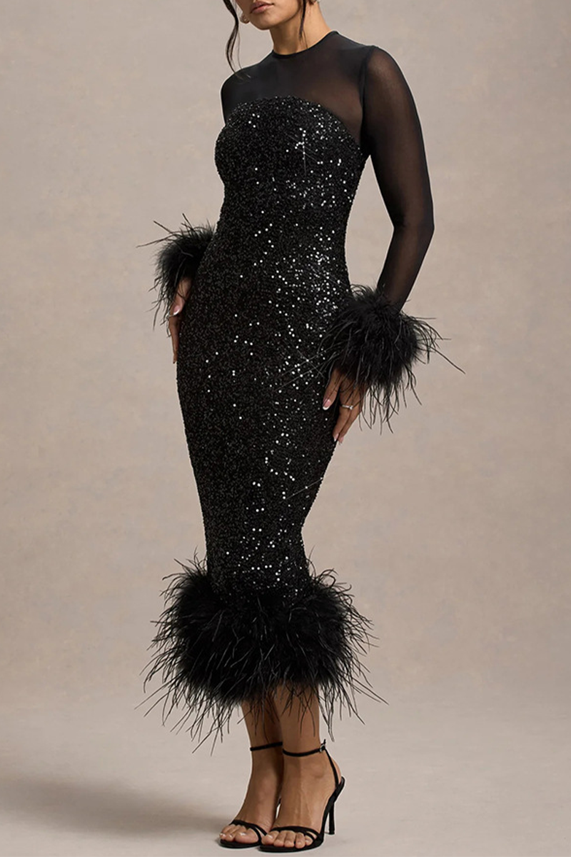 Sexy Party Sequins Feather Trim O Neck Evening Dresses - View 8 | VelvetHem