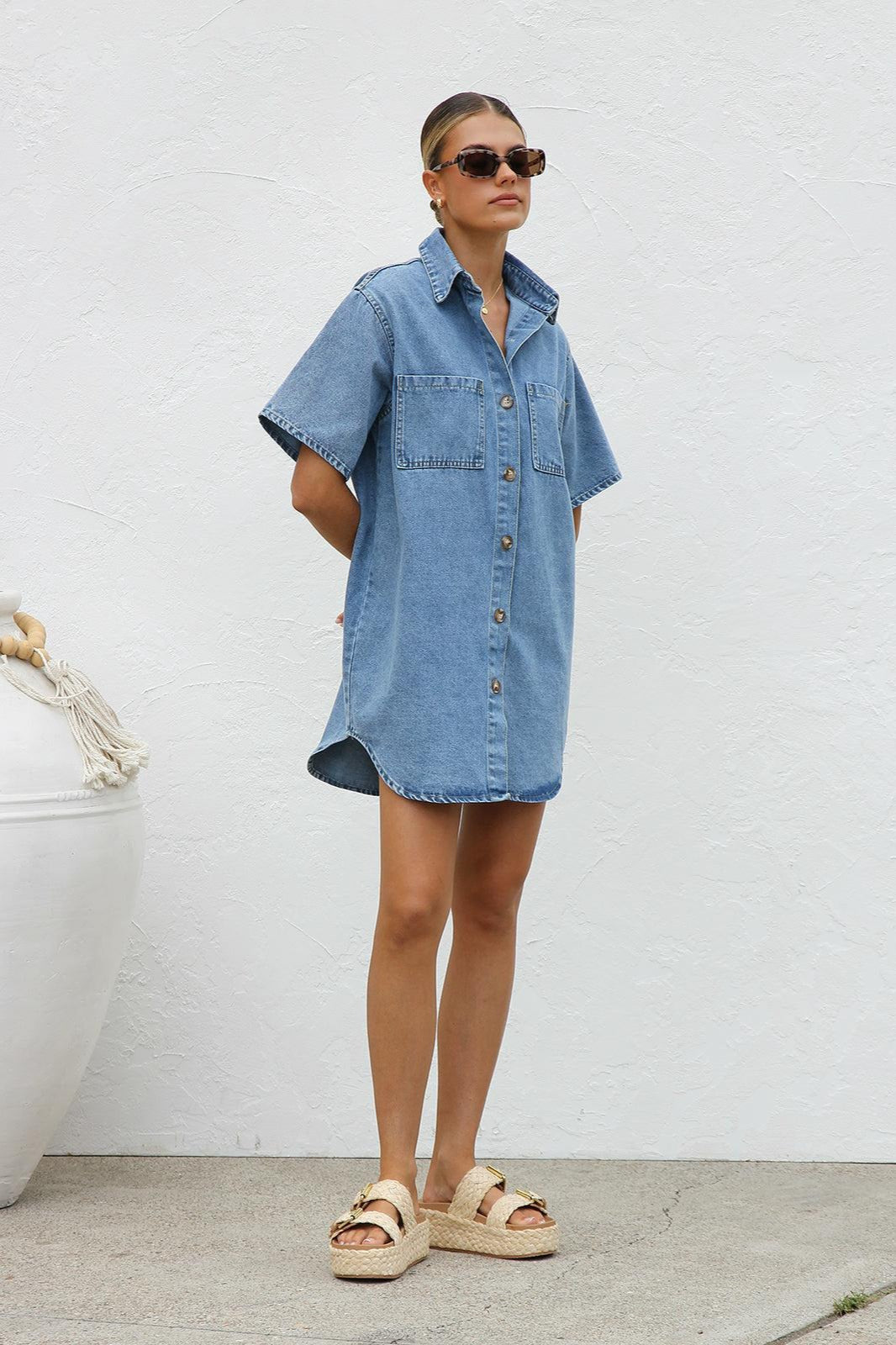 Short Sleeve Shirt Denim Dress - View 9 | VelvetHem