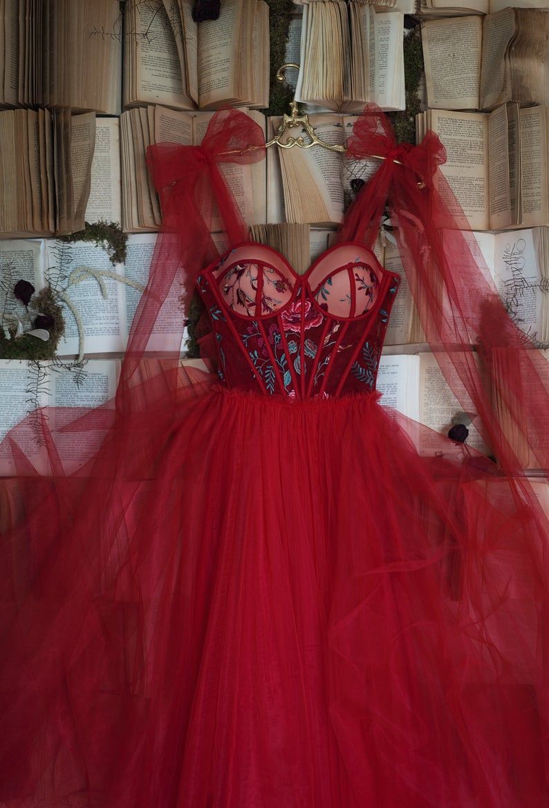 Red Prom Dress Tulle Evening Gowns C1240