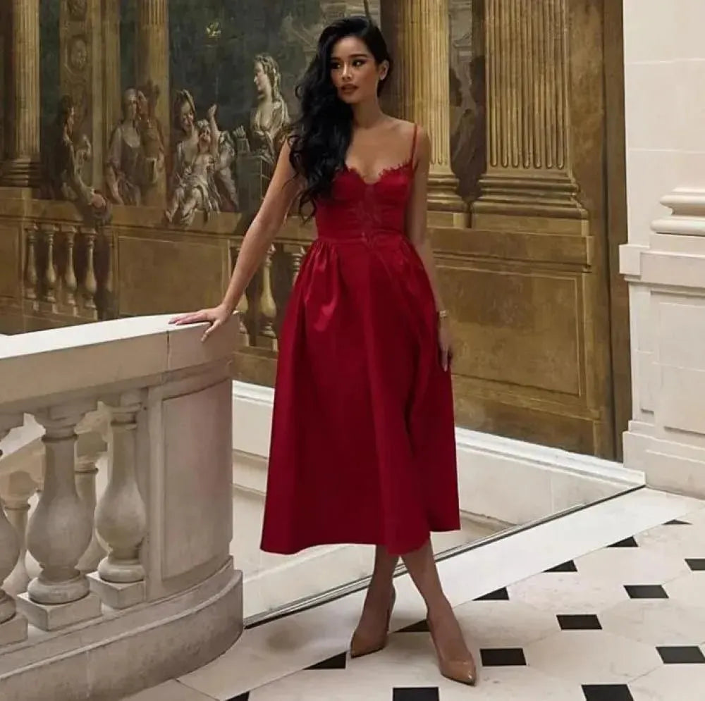 Fashion Red A-Line Prom Dress Sweetheart Spaghetti Strap Pleat Ruched Tea Length Lace Evening Dress robes de soirée