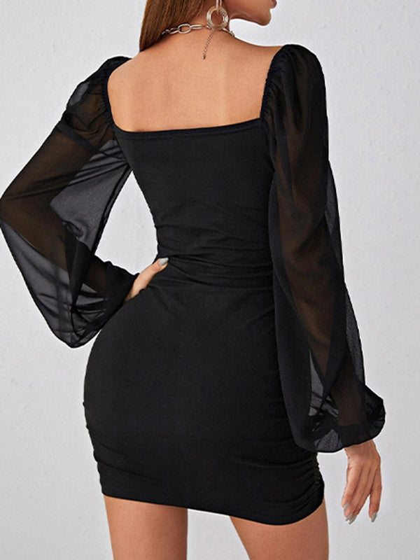 Loose Puff Sleeves Gauze Pleated See-Through Solid Color Split-Joint Square-Neck Evening Dresses Mini Dresses - View 8 | VelvetHem