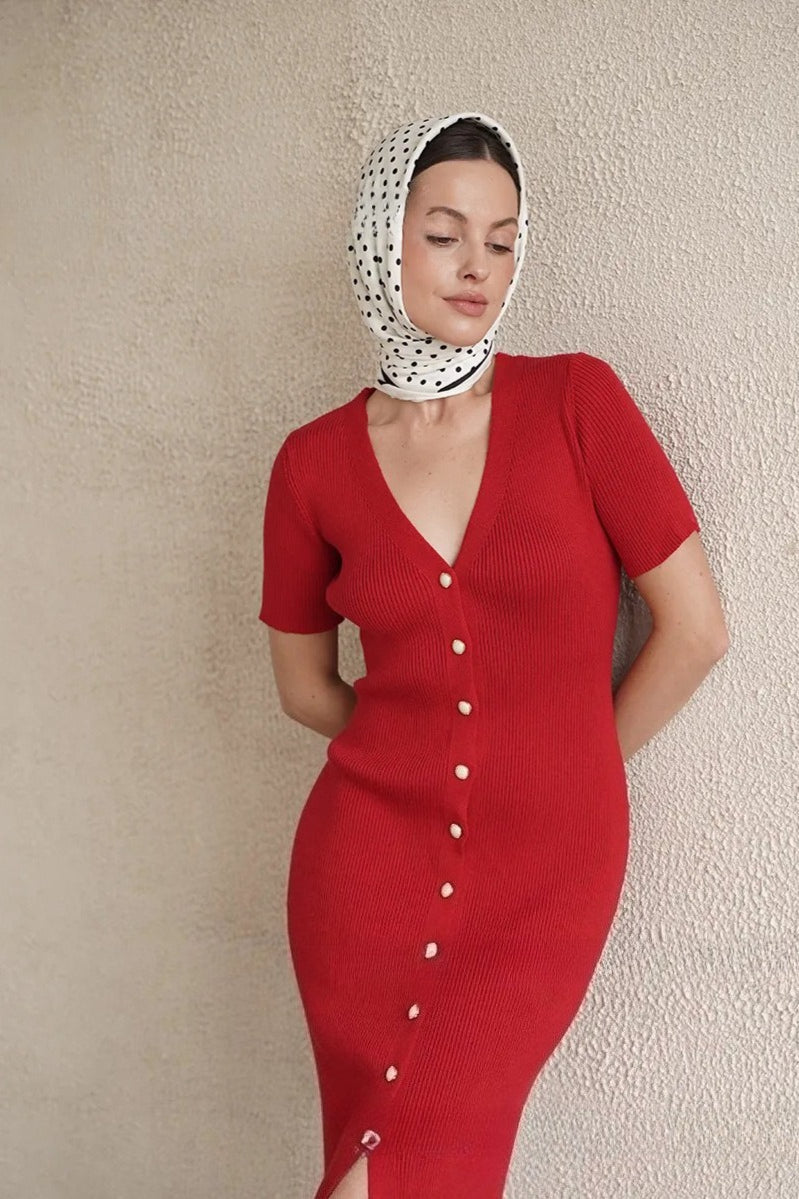 Waist Cinched V Neck Single Breasted Short Sleeve Knit Maxi Sweater Dress - View 5 | VelvetHem