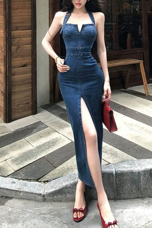 Halter Split Maxi Denim Dress - View 2 | VelvetHem