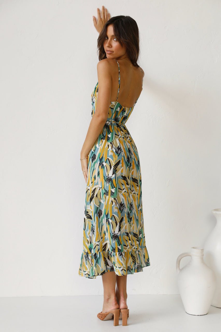 Fabiola Effortless Printed Midi Summer Dress with Ruffle Trim Elevated Occasion Wear