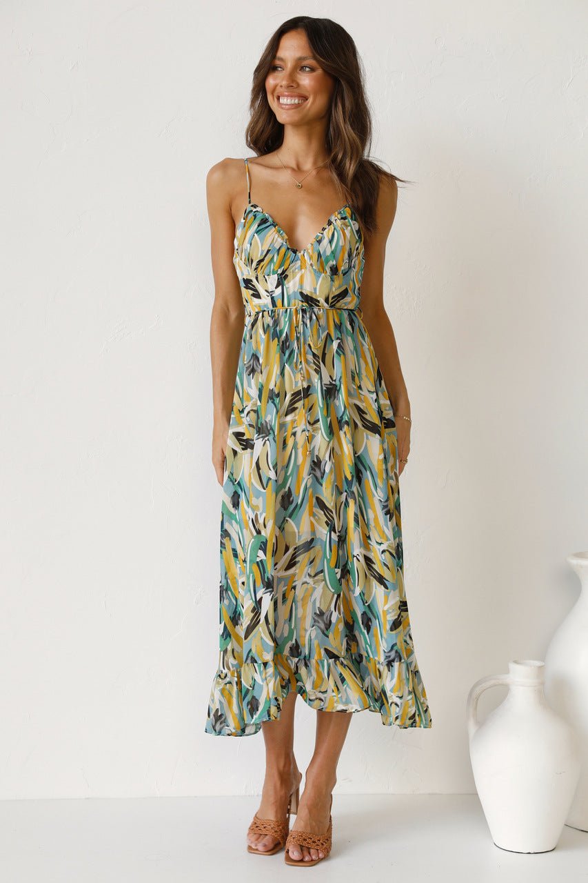 Fabiola Effortless Printed Midi Summer Dress with Ruffle Trim Elevated Occasion Wear