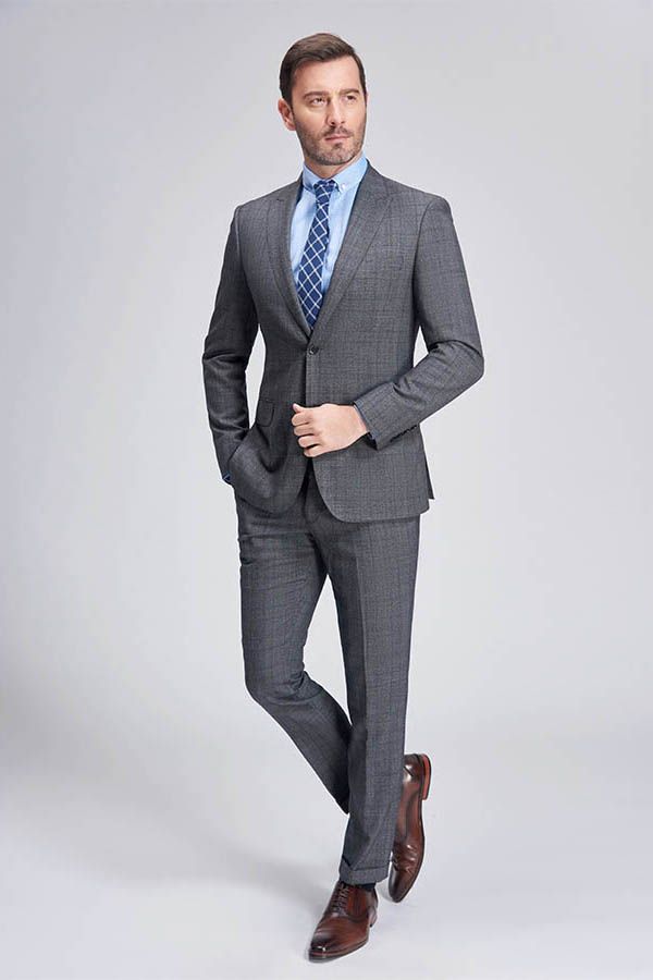 Advanced Grey Plaid Mens Suits for Business Peak Lapel Bespoke Suits for Men Sale