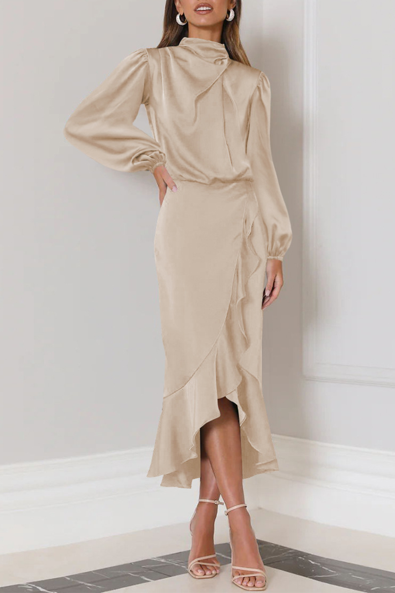 Elegant Solid Flounce Fold Turtleneck Evening Dress Dresses - VelvetHem