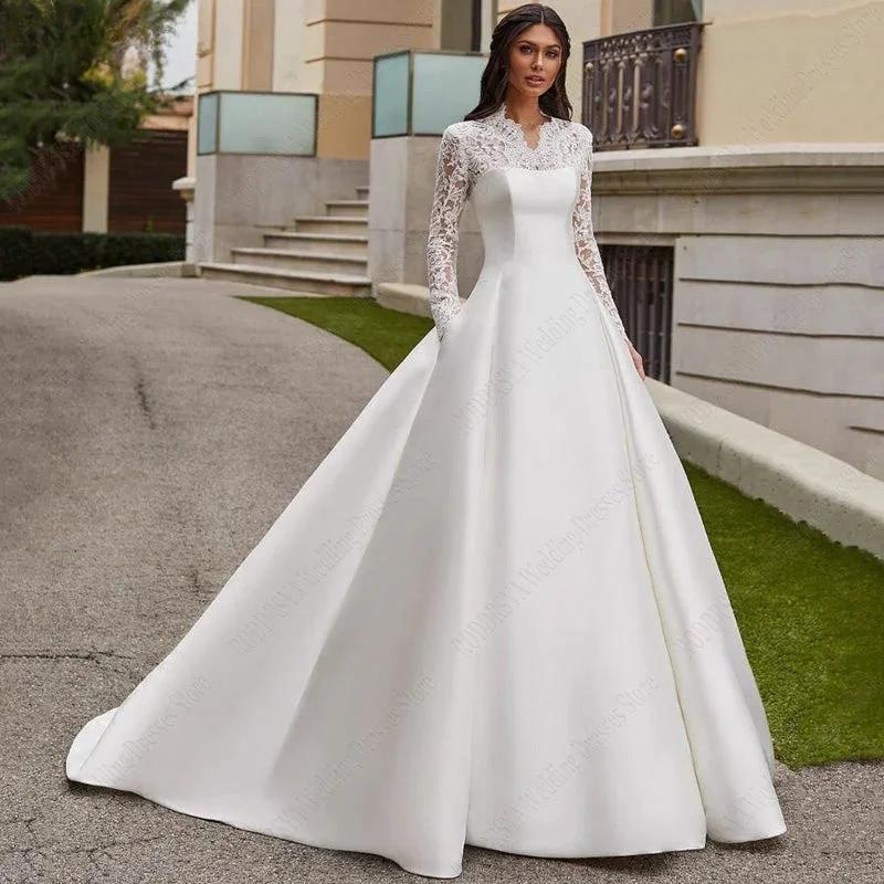 Satin Lace Ball Gowns For Bridal Appliques Full Sleeves Wedding Dresses Vestidos De Noiva Mariage Princess Custom Made (ZD13444)